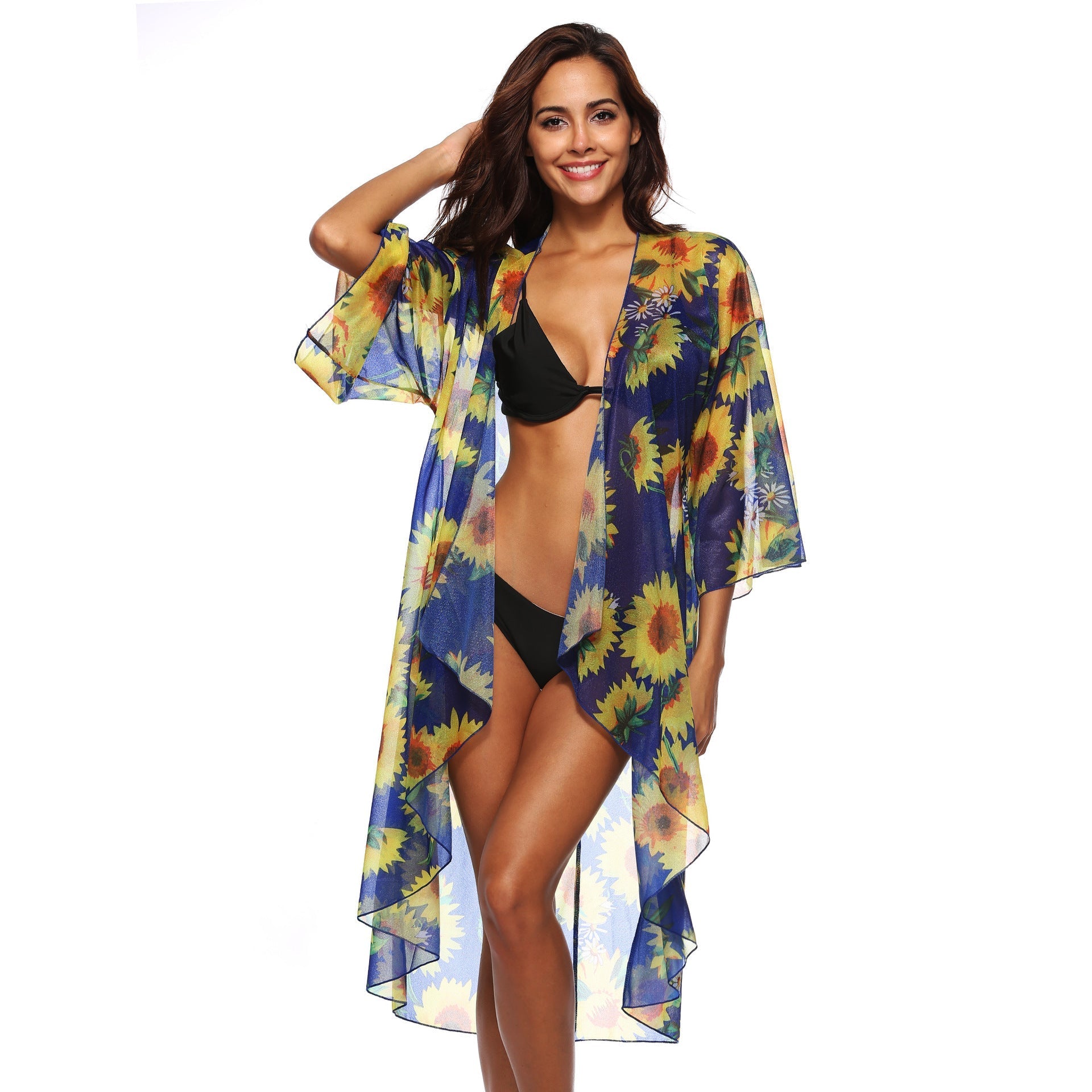 Sunflower Printed Cardigan 3/4 Sleeve Irregular Asymmetric Sexy Loose Sun Protection Dress Coat Bella Mia